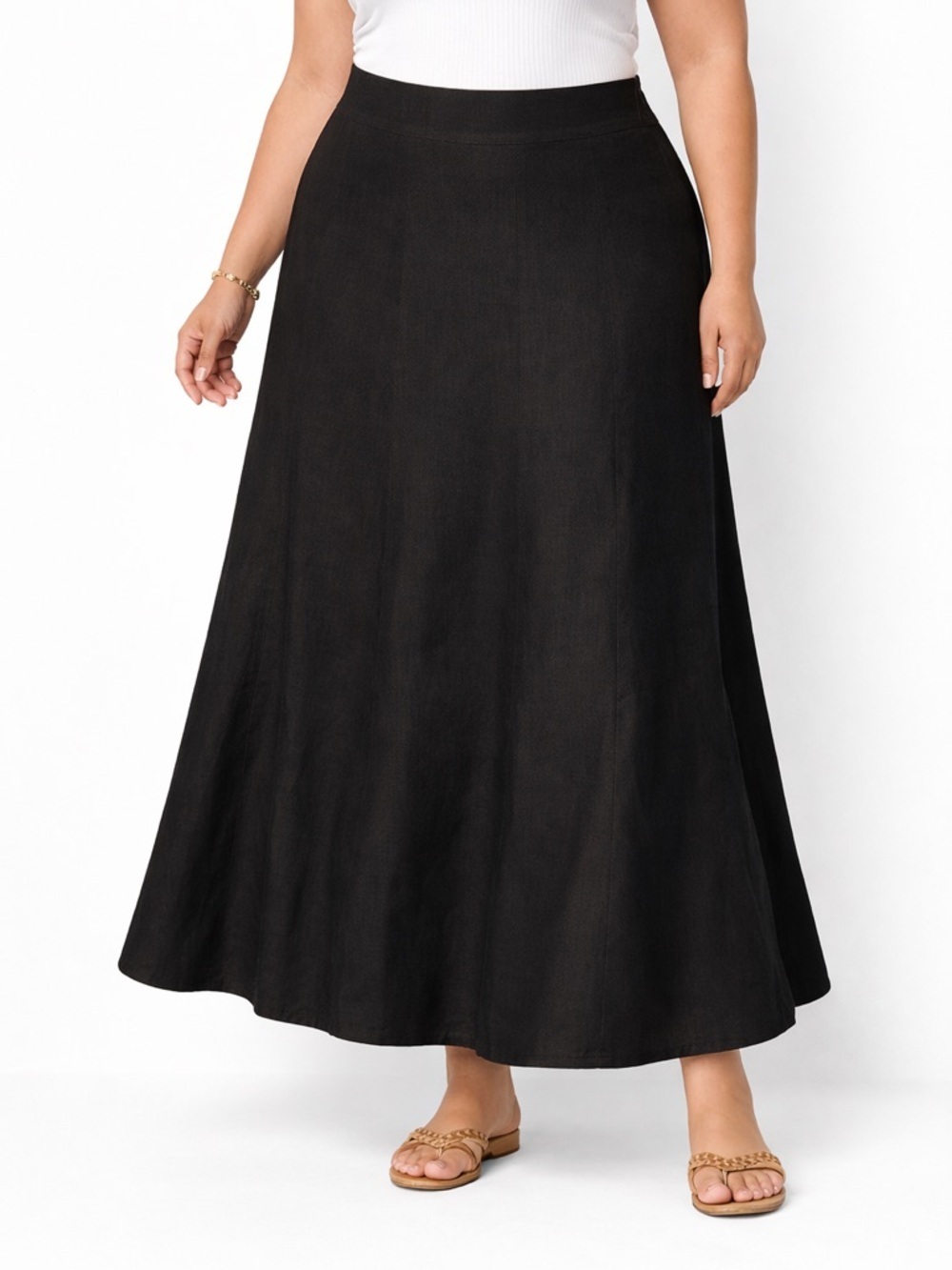 Linen Blend Maxi Skirt Black A Line 1X Wide Flare Lined Classic Ashley Stewart